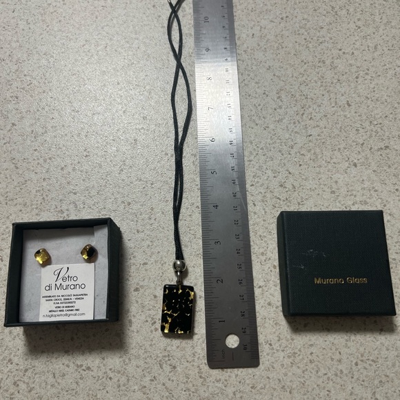 MURANO Glass Necklace & Earrings Black & Gold Detail - Picture 8 of 10